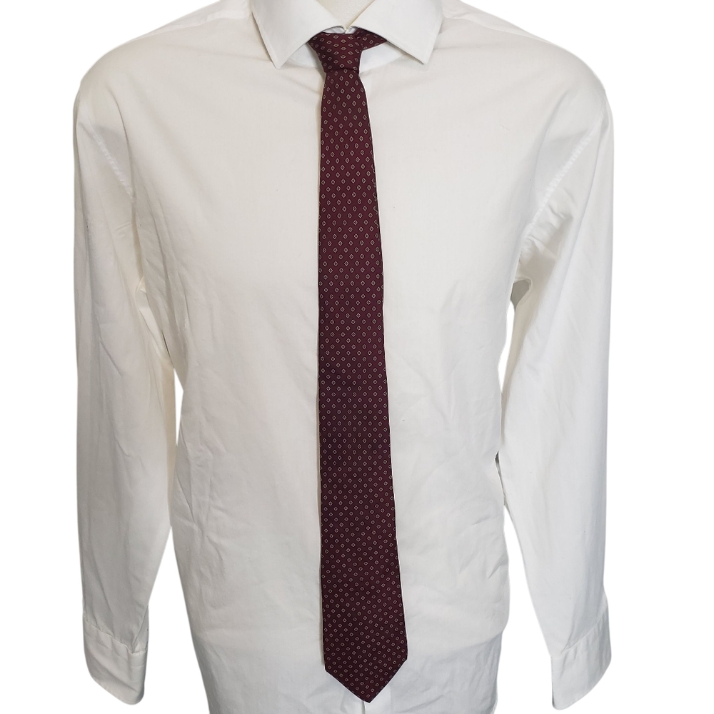 YSL Yves Saint Laurent Tie Geo Pattern Men's 100% Silk Burgundy Vintage‎ Preppy